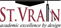 St. Vrain Public Schools logo with tagline academic excellence by design with a graduation cap on the top