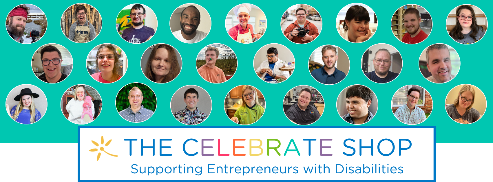 Photos of 26 entrepreneurs with disabilities in circles with The Celebrate Shop logo below